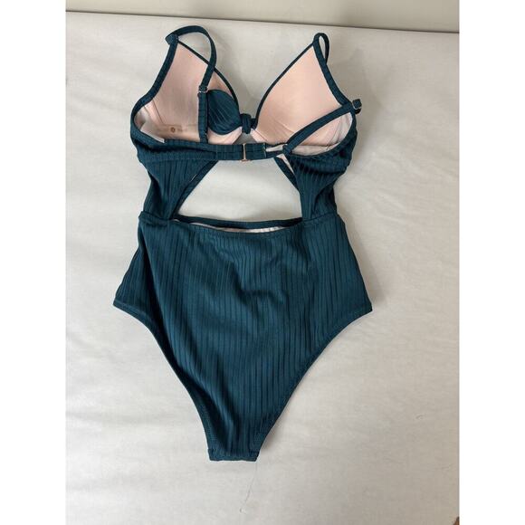 Shade & Shore One Piece Swimsuit Cutout Push Up Padded Ribbed Tie-Front Teal 32A - Picture 5 of 8
